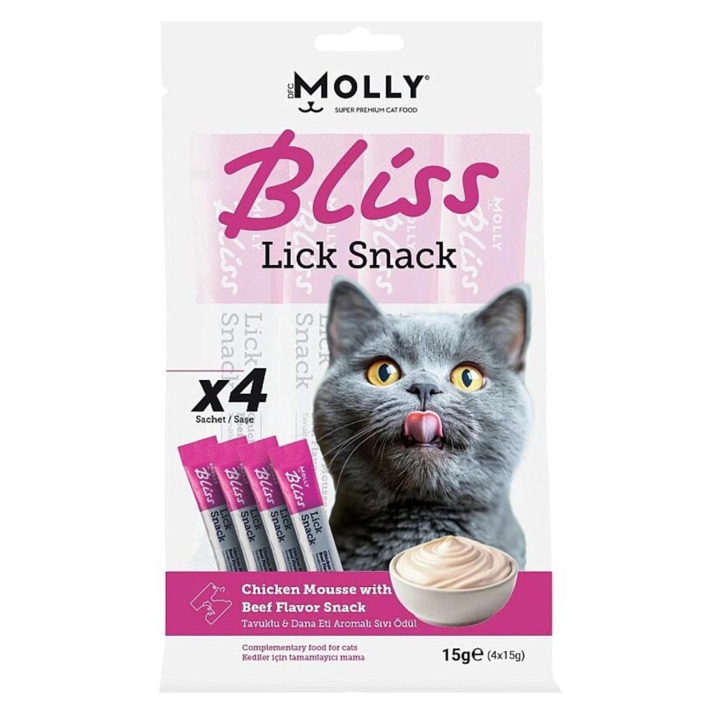 Molly Bliss Lick Snack Tavuklu ve Dana Eti Aromalı Krema Kedi Ödül Maması 15gr (4'lü)