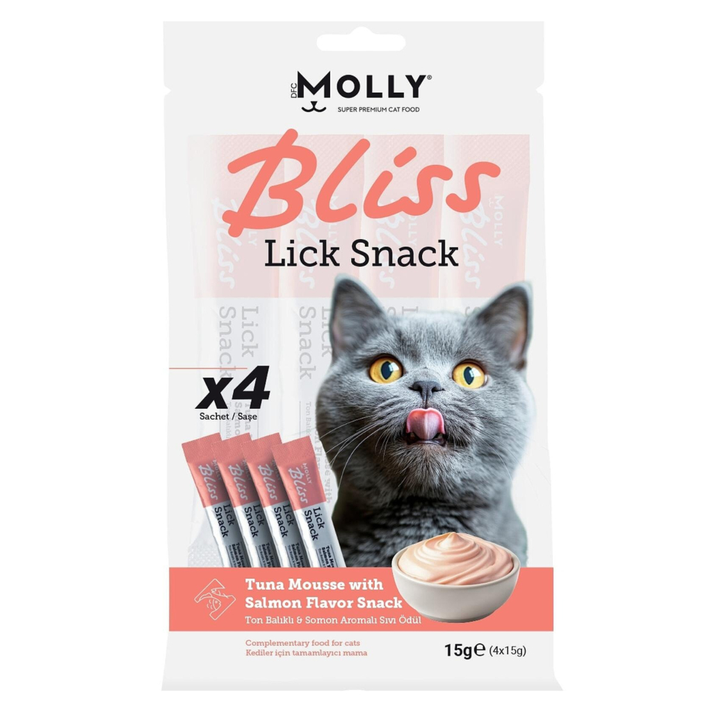 Molly Bliss Lick Snack Ton Balıklı ve Somon Aromalı Krema Kedi Ödül Maması 15gr (4'lü)