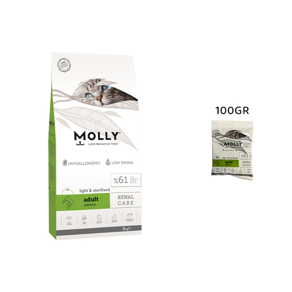 Molly Renal Care Hipoalerjenik Somonlu Düşük Tahıllı Kısırlaştırılmış Tester Kedi Maması 100gr