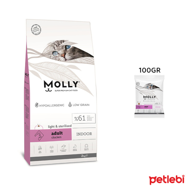 Molly Indoor Light Hipoalerjenik Tavuklu Düşük Tahıllı Kısırlaştırılmış Tester Kedi Maması 100gr