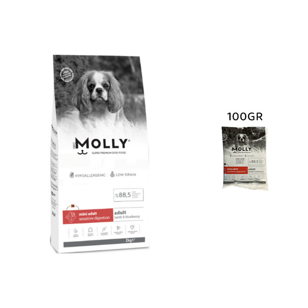 Molly Hipoalerjenik Kuzu Etli ve Yaban Mersinli Küçük Irk Yetişkin Tester Köpek Maması 100gr