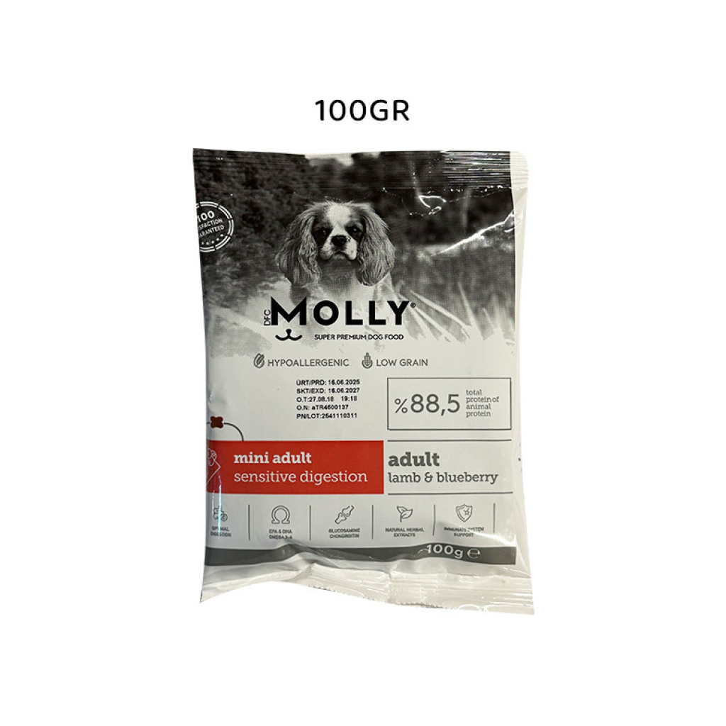 Molly Hipoalerjenik Kuzu Etli ve Yaban Mersinli Küçük Irk Yetişkin Tester Köpek Maması 100gr