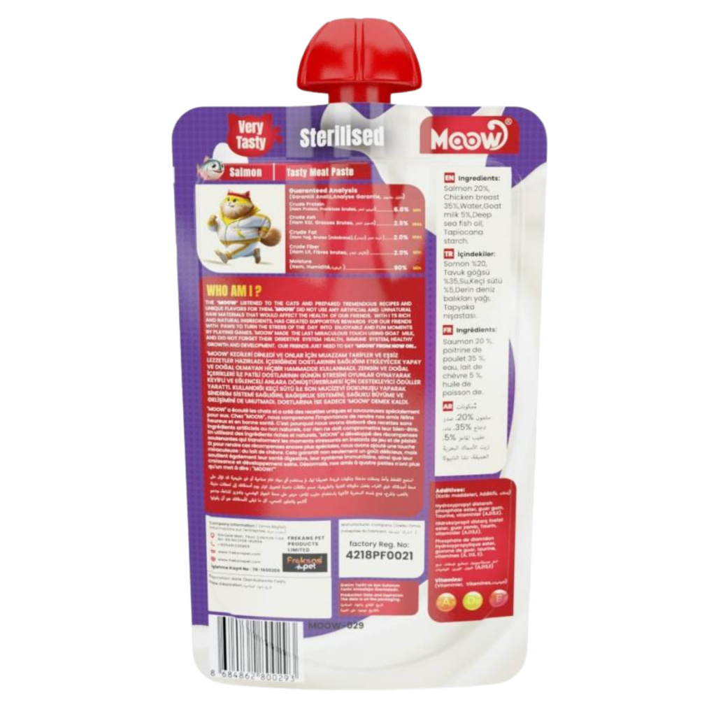 MOOW Taze Somon ve Keçi Sütlü Kısırlaştırılmış Ezme Kedi Ödül Maması 90gr