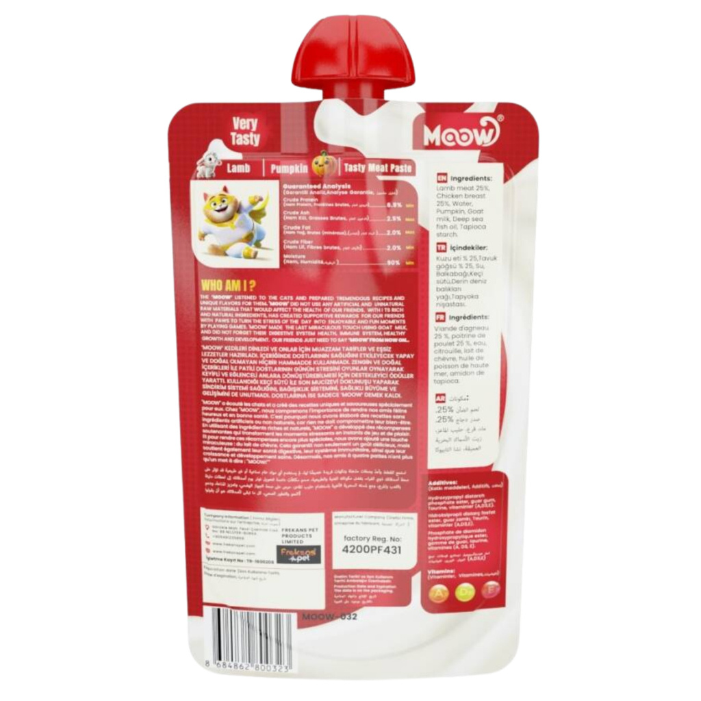 MOOW Taze Kuzu Bal Kabak ve Keçi Sütlü Ezme Kedi Ödül Maması 90gr
