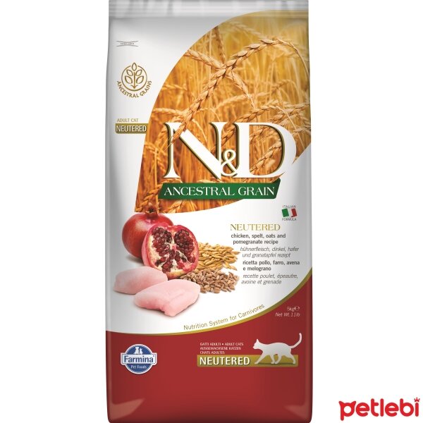 N&D Ancestral Grain Tavuklu ve Narlı Ata Tahıllı Kısırlaştırılmış Kedi Maması 5kg