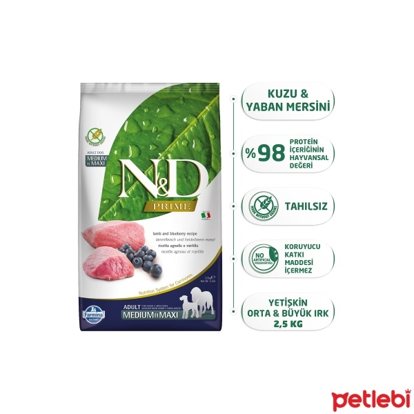 N&D Prime Kuzu Etli ve Yaban Mersinli Orta ve Büyük Irk Tahılsız Yetişkin Köpek Maması 2,5kg