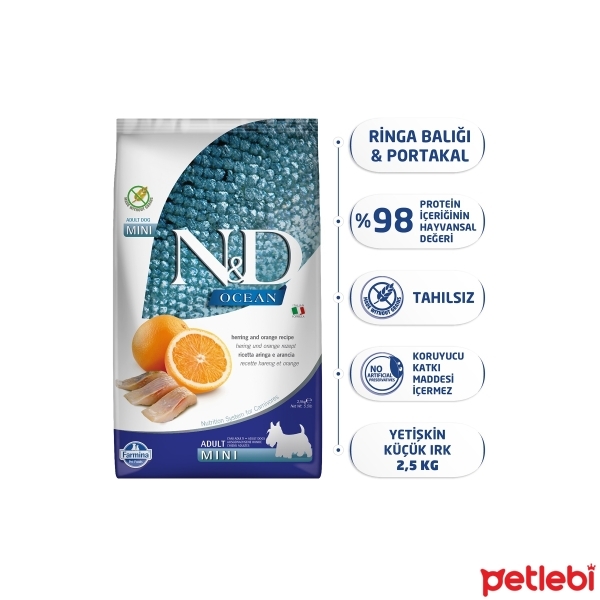 N&D Ocean Ringa Balıklı ve Portakallı Tahılsız Küçük Irk Yetişkin Köpek Maması 2,5kg