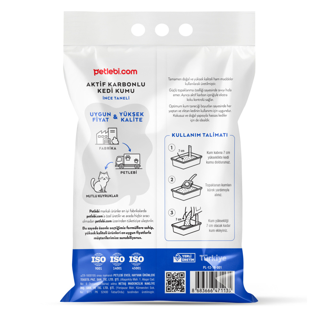 Petlebi Aktif Karbonlu Parfümsüz İnce Taneli Topaklanan Bentonit Kedi Kumu 10lt