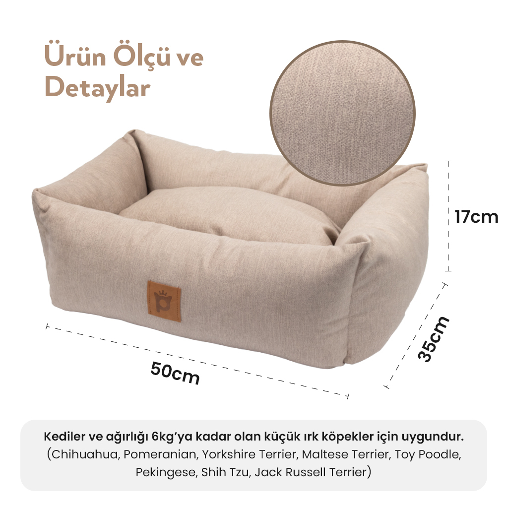 Petlebi Dikdörtgen Kedi ve Küçük Irk Köpek Yatağı 50x35x17cm (Bej) [S]