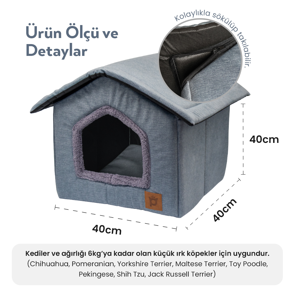 Petlebi Ev Modeli Kedi ve Küçük Irk Köpek Yatağı 40x40x40cm (Gri)