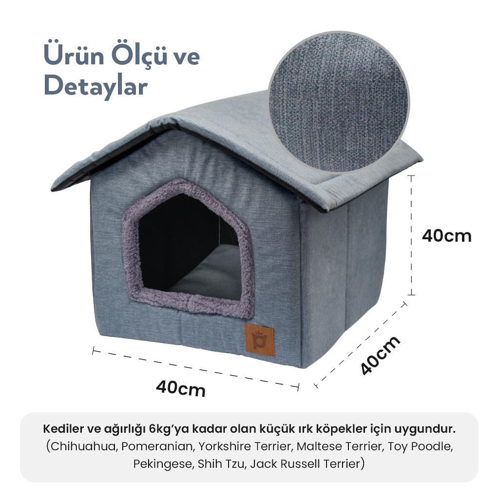 Petlebi Ev Modeli Kedi ve Küçük Irk Köpek Yatağı 40x40x40cm (Gri)