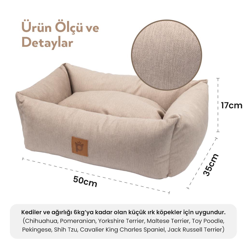 Petlebi Dikdörtgen Kedi ve Küçük Irk Köpek Yatağı 50x35x17cm (Bej) [S]