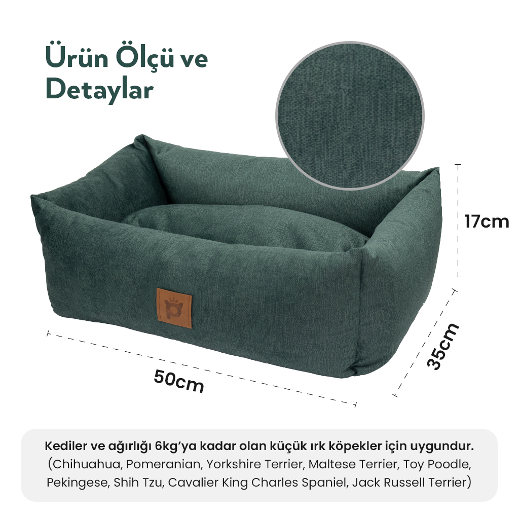 Petlebi Dikdörtgen Kedi ve Küçük Irk Köpek Yatağı 50x35x17cm (Yeşil) [S]