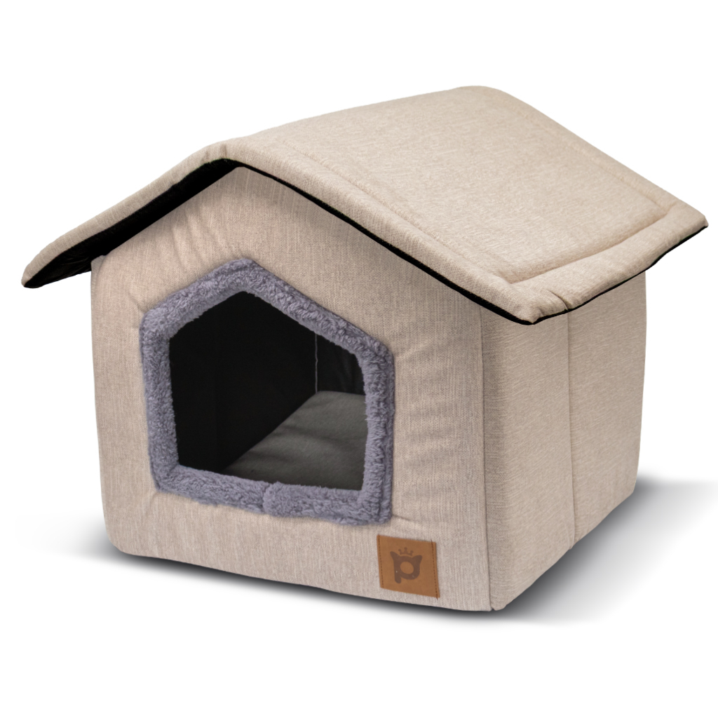 Petlebi Ev Modeli Kedi ve Küçük Irk Köpek Yatağı 40x40x40cm (Bej)