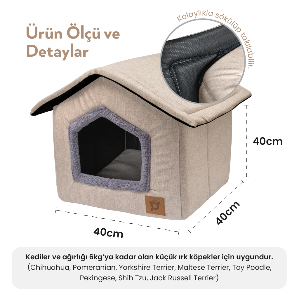 Petlebi Ev Modeli Kedi ve Küçük Irk Köpek Yatağı 40x40x40cm (Bej)