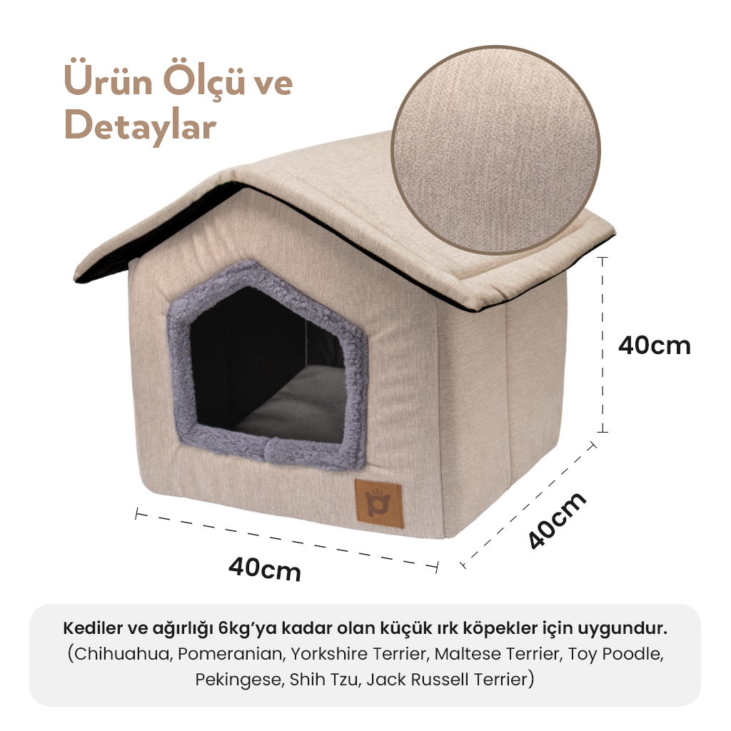 Petlebi Ev Modeli Kedi ve Küçük Irk Köpek Yatağı 40x40x40cm (Bej)