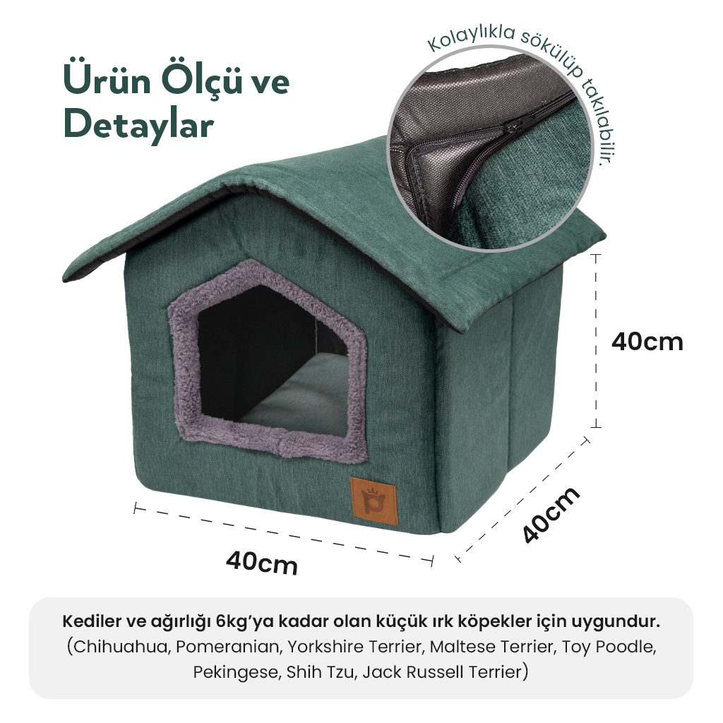 Petlebi Ev Modeli Kedi ve Küçük Irk Köpek Yatağı 40x40x40cm (Yeşil)