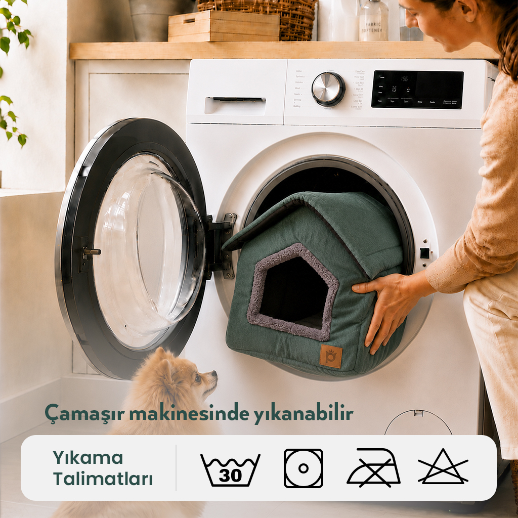 Petlebi Ev Modeli Kedi ve Küçük Irk Köpek Yatağı 40x40x40cm (Yeşil)