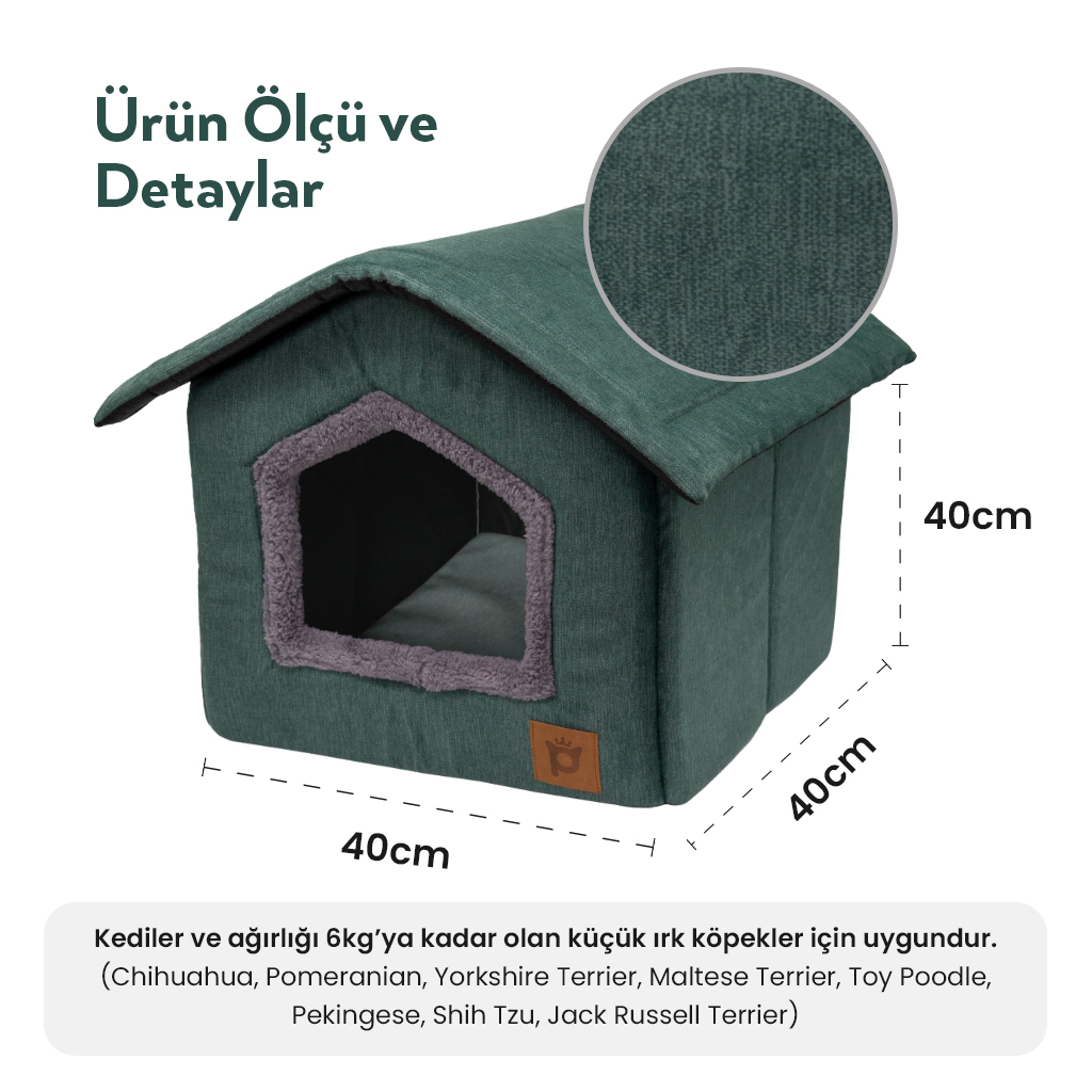 Petlebi Ev Modeli Kedi ve Küçük Irk Köpek Yatağı 40x40x40cm (Yeşil)