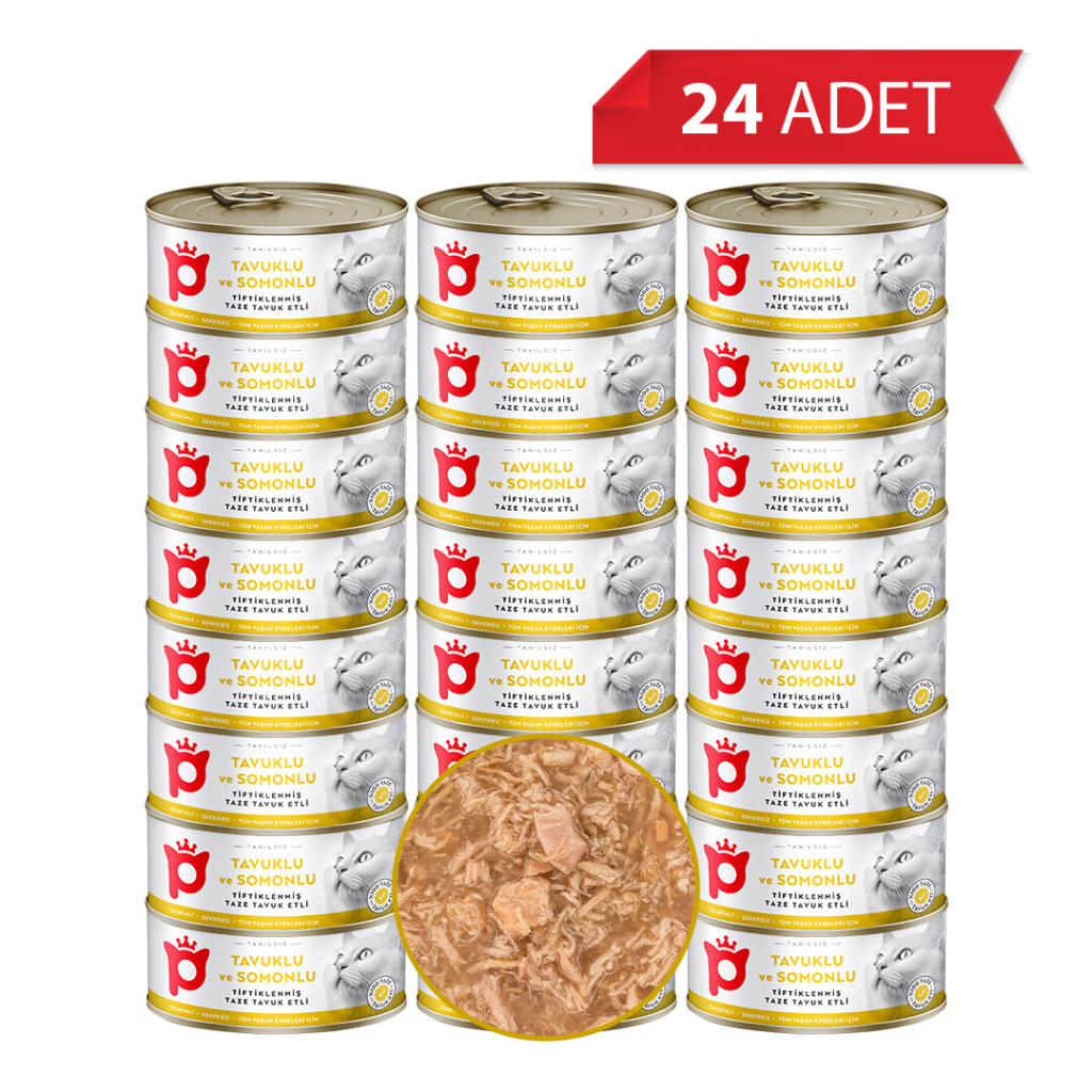 Petlebi Sos İçinde Tiftiklenmiş Taze Tavuk Etli ve Somonlu Kedi Konservesi 70gr (24 Adet)
