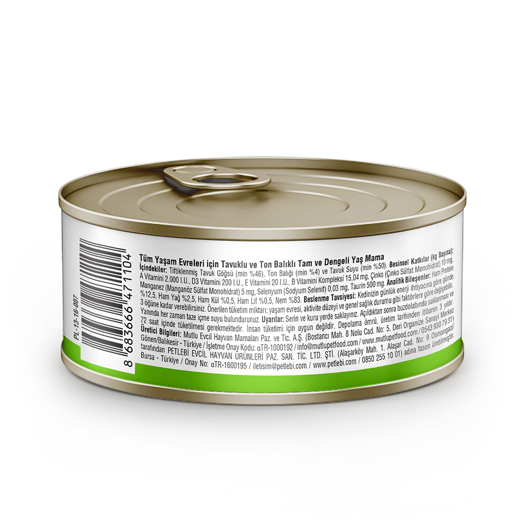 Petlebi Sos İçinde Tiftiklenmiş Taze Tavuk Etli ve Ton Balıklı Kedi Konservesi 70gr