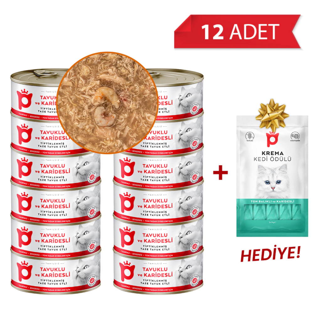 Petlebi Sos İçinde Tiftiklenmiş Taze Tavuk Etli ve Karidesli Kedi Konservesi 70gr (12 Adet)