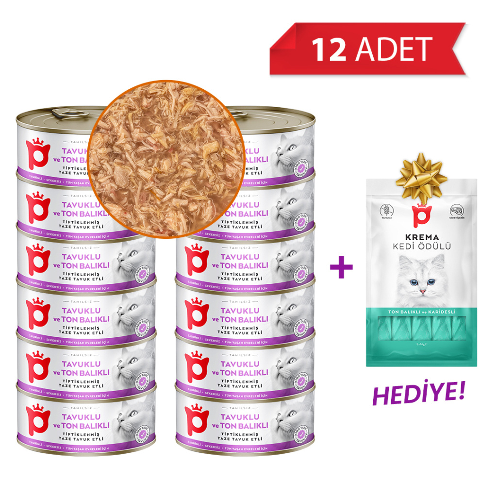 Petlebi Sos İçinde Tiftiklenmiş Tavuklu ve Ton Balıklı Kedi Konservesi 70gr (12 Adet)