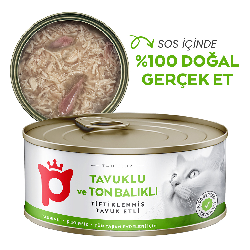 Petlebi Sos İçinde Tiftiklenmiş Taze Tavuk Etli ve Ton Balıklı Kedi Konservesi 70gr (12 Adet)