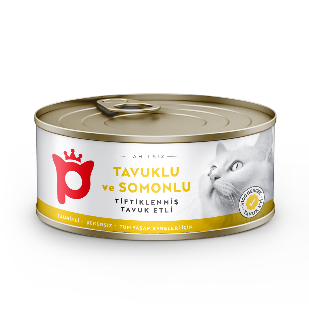 Petlebi Sos İçinde Tiftiklenmiş Taze Tavuk Etli ve Somonlu Kedi Konservesi 70gr (12 Adet)