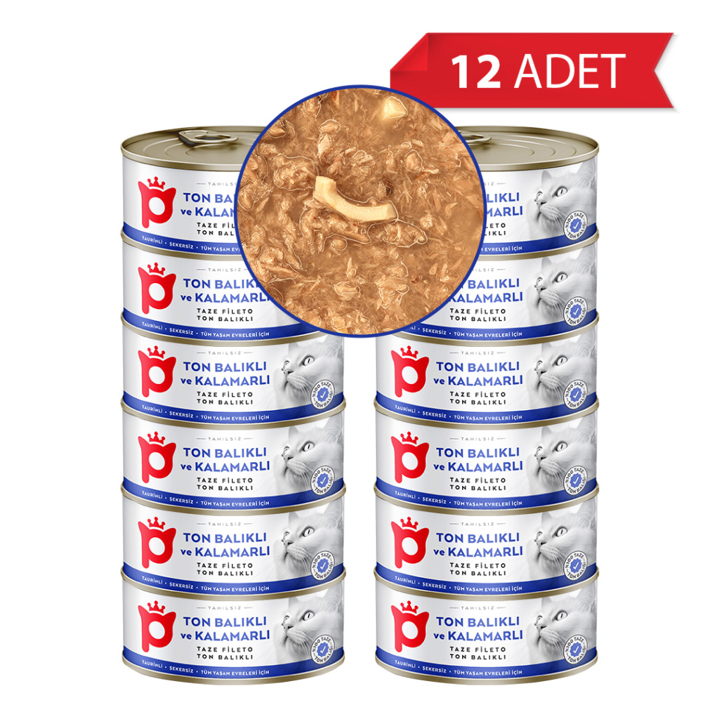 Petlebi Sos İçinde Fileto Taze Ton Balıklı ve Kalamarlı Kedi Konservesi 70gr (12 Adet)