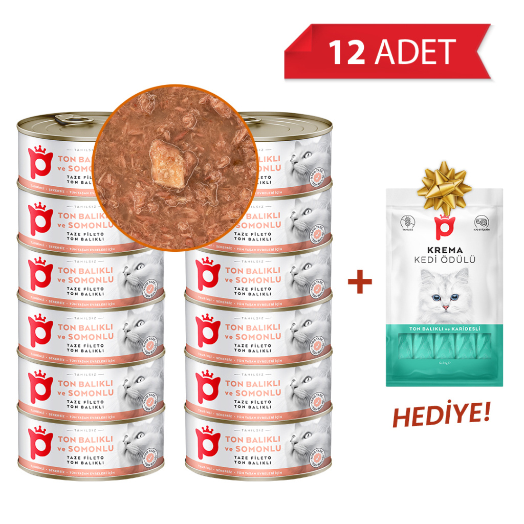 Petlebi Sos İçinde Fileto Taze Ton Balıklı ve Somonlu Kedi Konservesi 70gr (12 Adet)