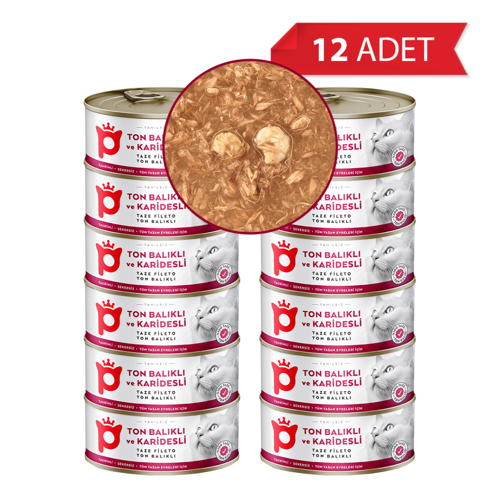 Petlebi Sos İçinde Fileto Taze Ton Balıklı ve Karidesli Kedi Konservesi 70gr (12 Adet)