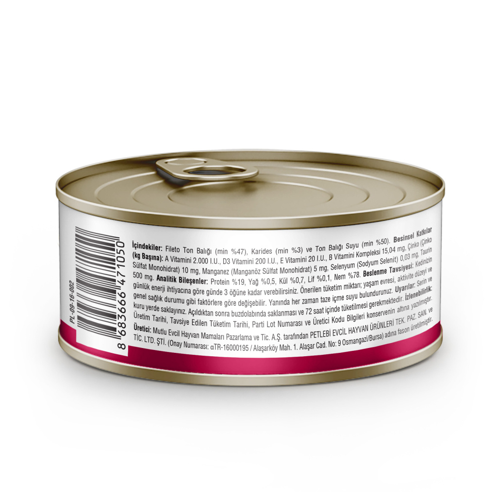 Petlebi Sos İçinde Fileto Taze Ton Balıklı ve Karidesli Kedi Konservesi 70gr (24 Adet)
