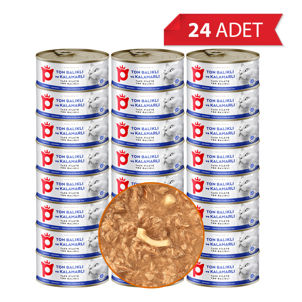 Petlebi Sos İçinde Fileto Taze Ton Balıklı ve Kalamarlı Kedi Konservesi 70gr (24 Adet)