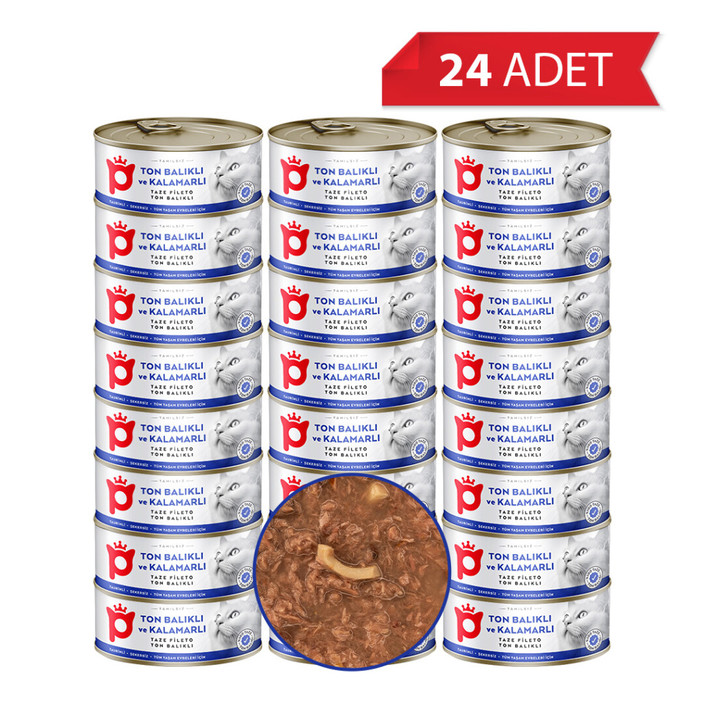 Petlebi Sos İçinde Fileto Taze Ton Balıklı ve Kalamarlı Kedi Konservesi 70gr (24 Adet)