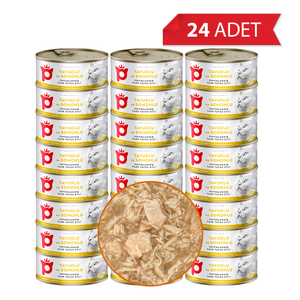Petlebi Sos İçinde Tiftiklenmiş Taze Tavuk Etli ve Somonlu Kedi Konservesi 70gr (24 Adet)