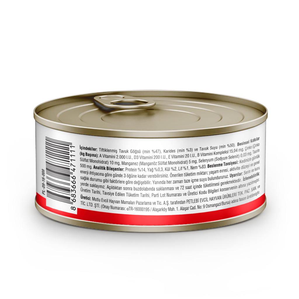 Petlebi Sos İçinde Tiftiklenmiş Taze Tavuk Etli ve Karidesli Kedi Konservesi 70gr (24 Adet)