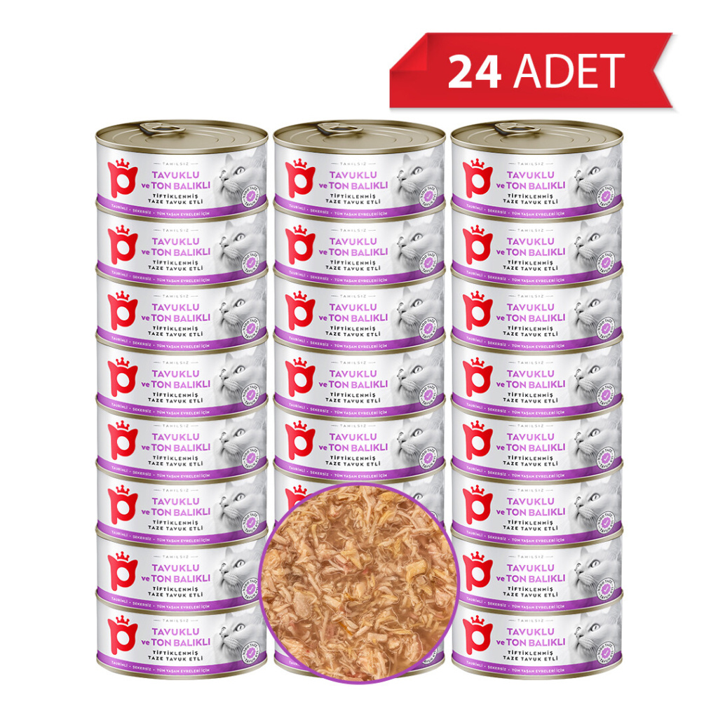 Petlebi Sos İçinde Tiftiklenmiş Taze Tavuk Etli ve Ton Balıklı Kedi Konservesi 70gr (24 Adet)