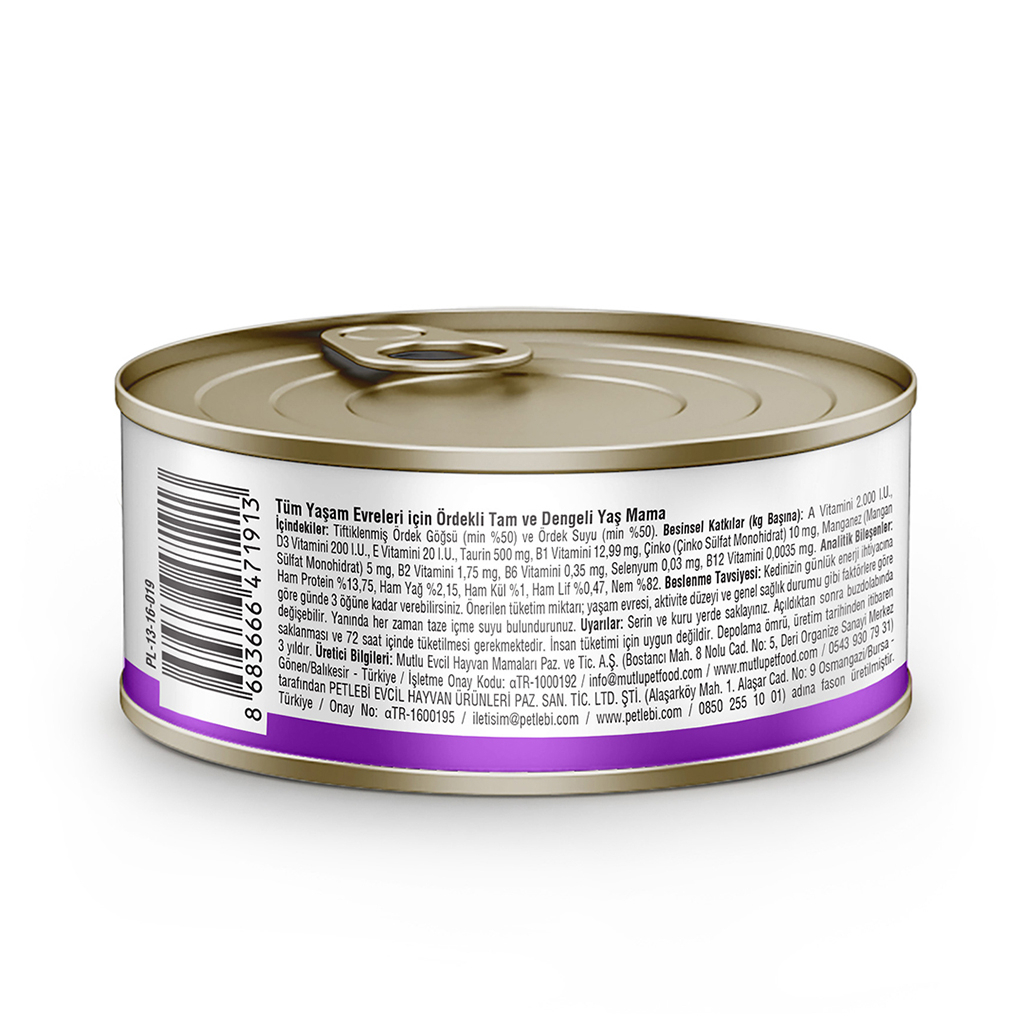 Petlebi Sos içinde Tiftiklenmiş Taze Ördek Etli Kedi Konservesi 70gr (24 Adet)