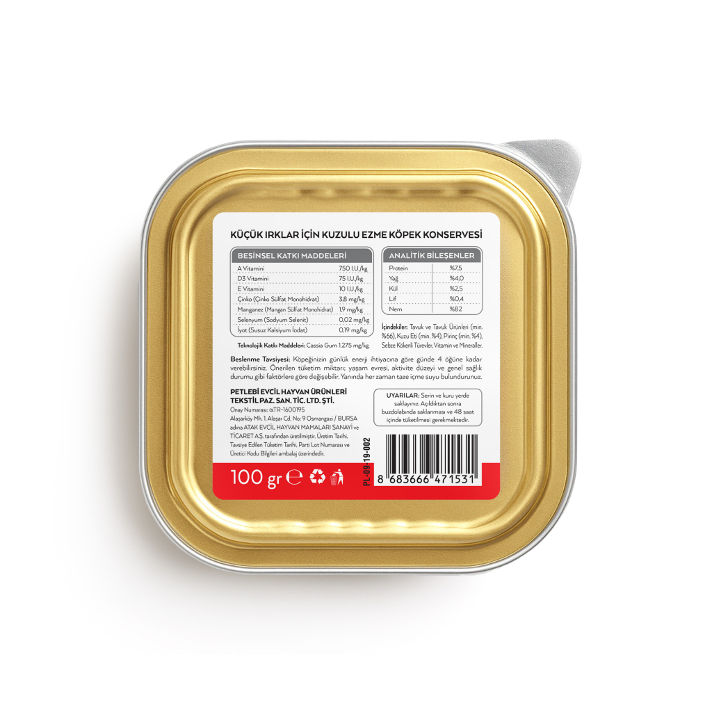 Petlebi Kuzulu Küçük Irklar İçin Ezme Köpek Konservesi 100gr