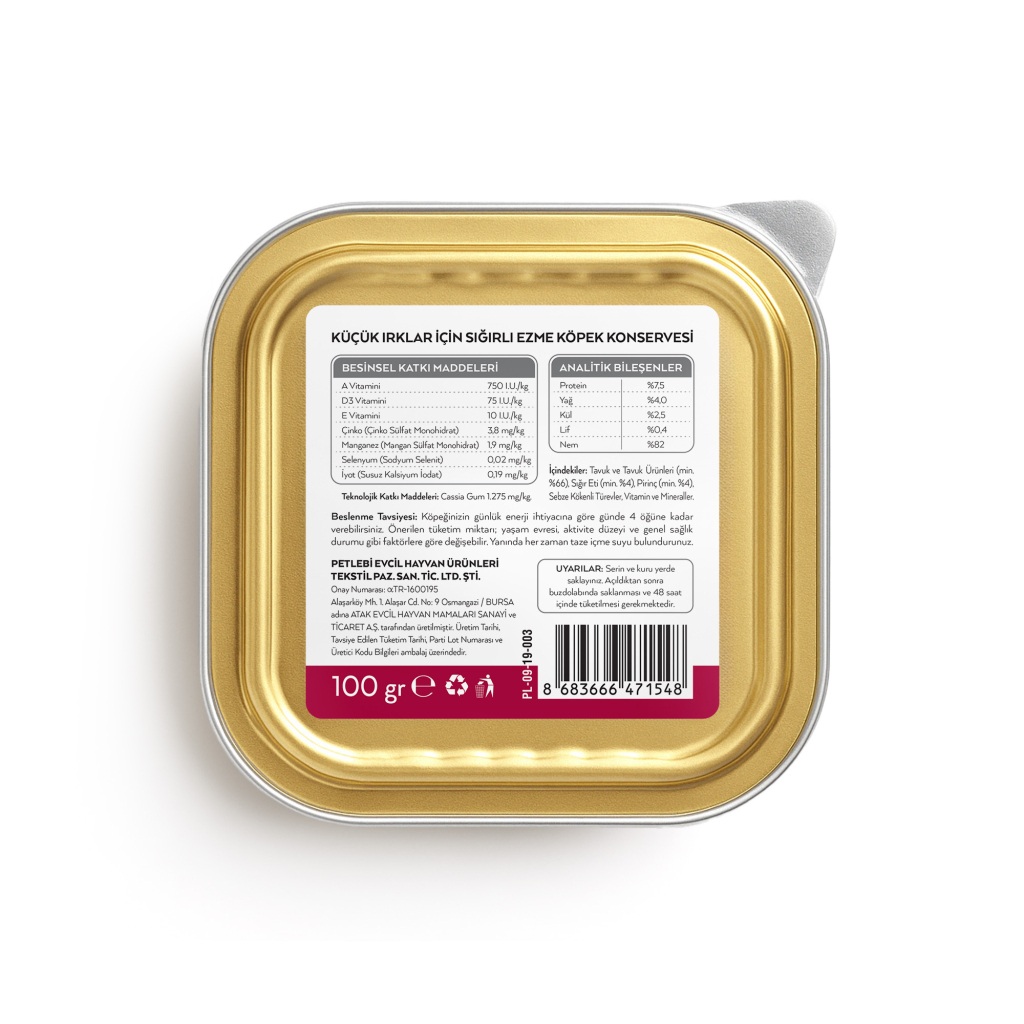 Petlebi Sığırlı Küçük Irklar İçin Ezme Köpek Konservesi 100gr
