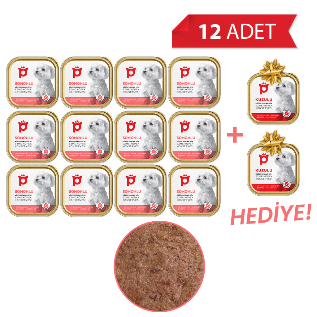 Petlebi Somonlu Küçük Irklar İçin Ezme Köpek Konservesi 100gr (12 Adet)+2 Adet HEDİYE!