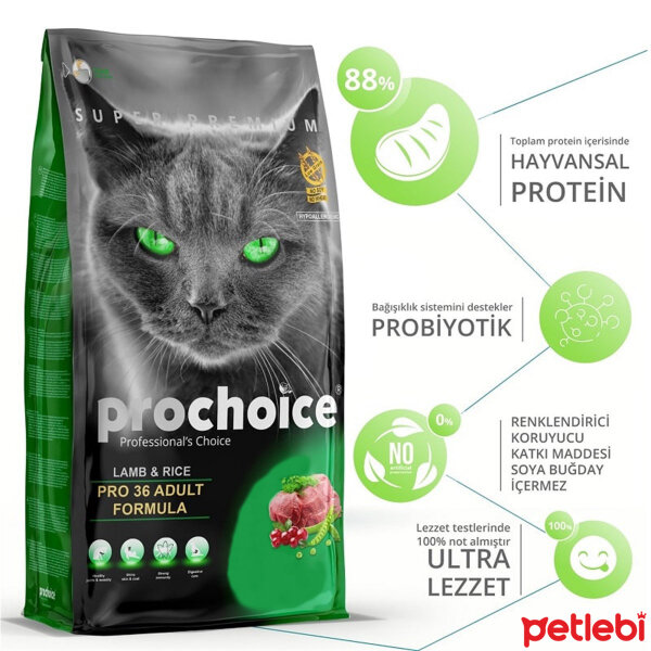 ProChoice Pro 36 Kuzulu ve Pirinçli Düşük Tahıllı Yetişkin Kedi Maması 15kg