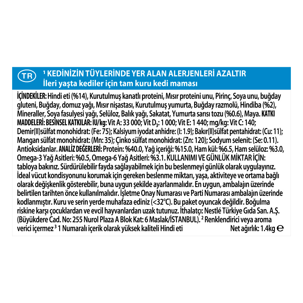 Pro Plan LiveClear 7+ Hindili Alerjen Azaltan Kısırlaştırılmış Yaşlı Kedi Maması 1,4kg