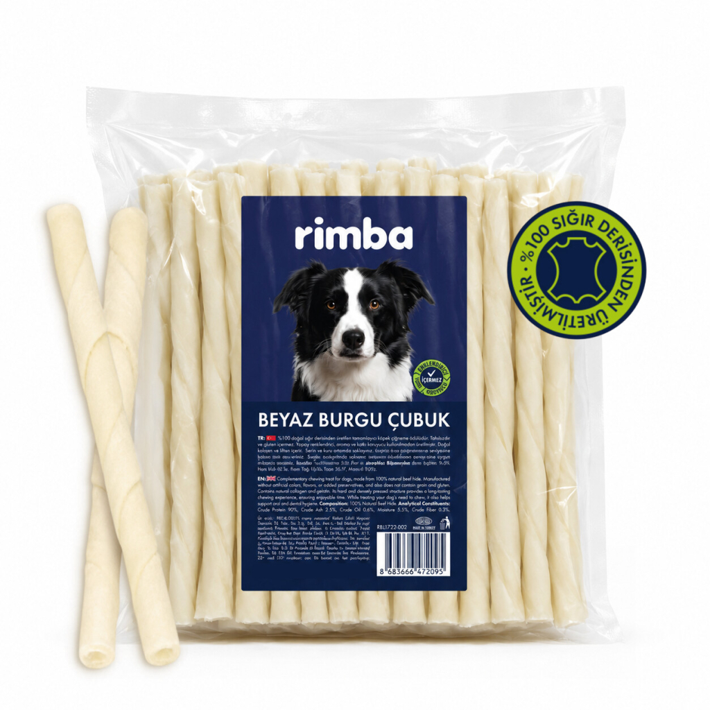 Rimba Naturel %100 Sığır Derisi Beyaz Burgu Köpek Ödül Çubuğu 250gr (50'li)