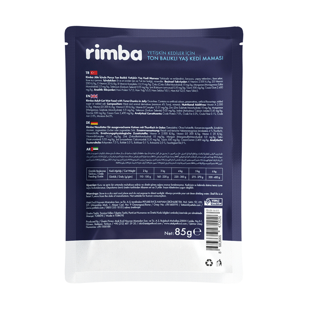 Rimba Jöle İçinde Parça Ton Balıklı Kedi Konservesi 85gr