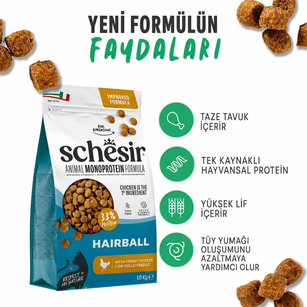 Schesir Monoprotein Tüy Yumağı Kontrolü Tavuklu Yetişkin Kedi Maması 1,5kg