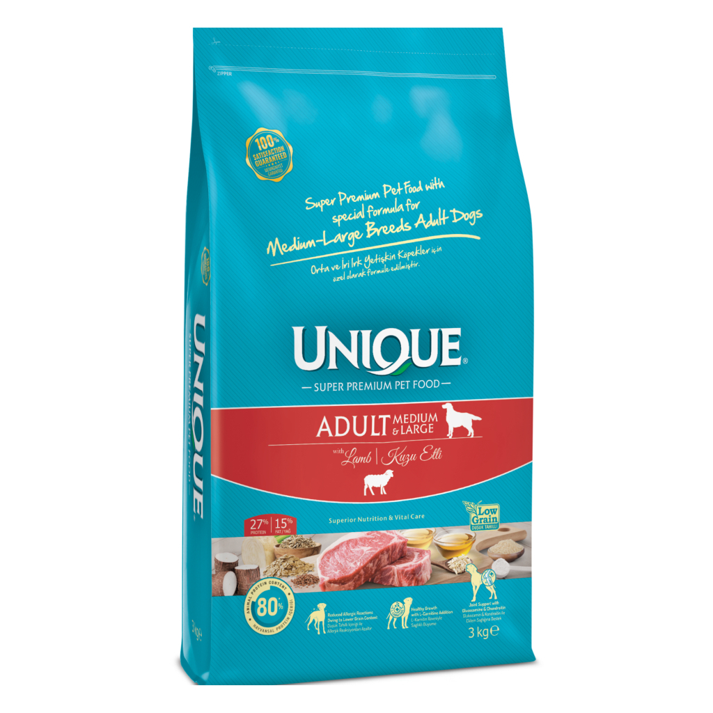 Unique Medium&Large Kuzulu Orta ve Büyük Irk Düşük Tahıllı Yetişkin Köpek Maması 3kg