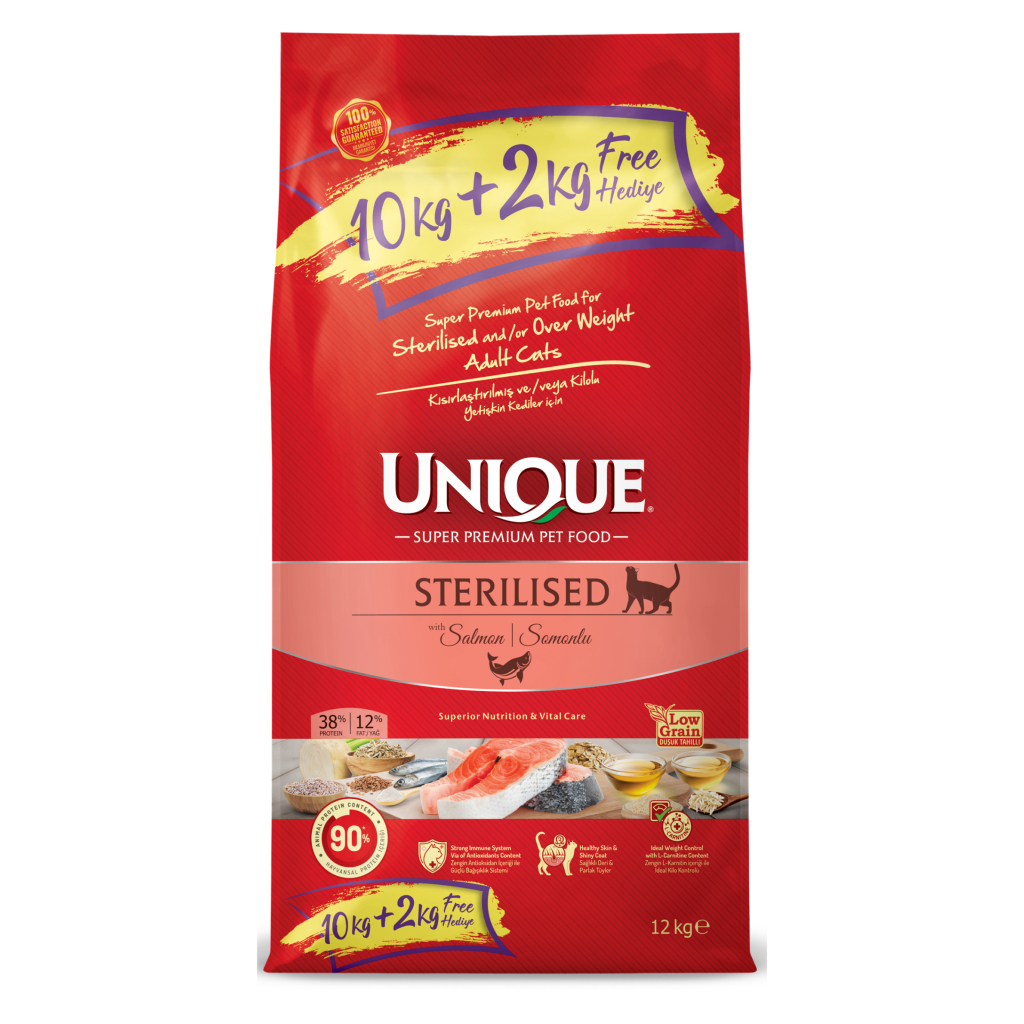 Unique Somonlu Düşük Tahıllı Kısırlaştırılmış Kedi Maması 10kg + 2kg HEDİYELİ!