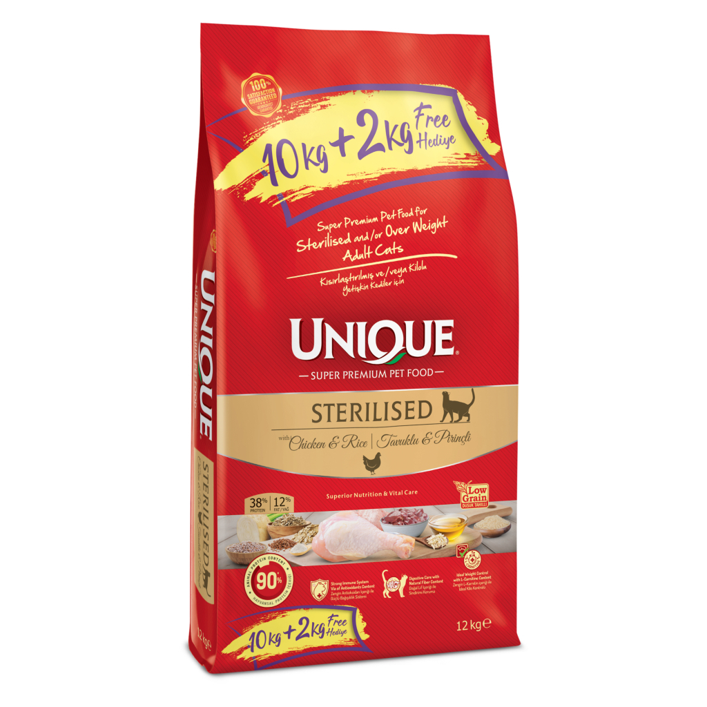 Unique Tavuklu Düşük Tahıllı Kısırlaştırılmış Kedi Maması 10kg + 2kg HEDİYELİ!